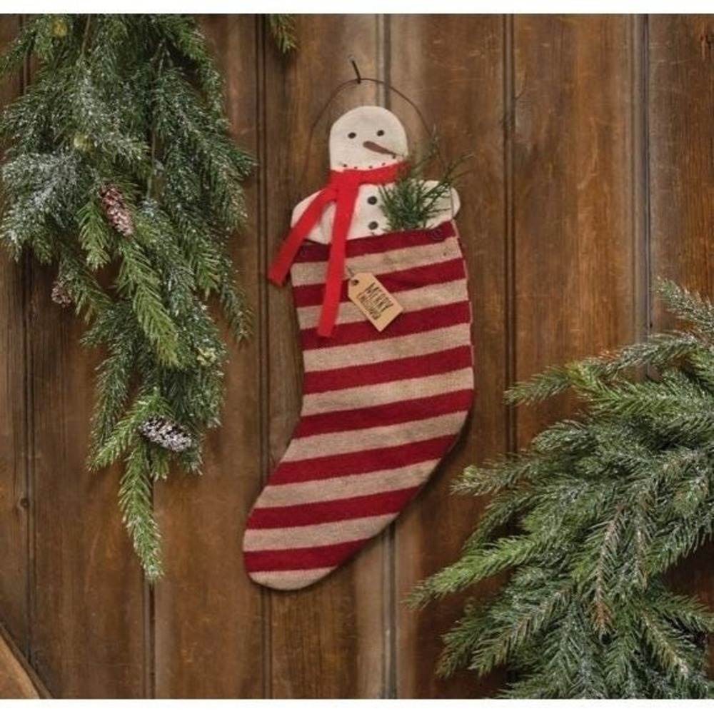 Primitive Christmas Hanging Red Striped Stocking with Flat Snowman Doll 15"
